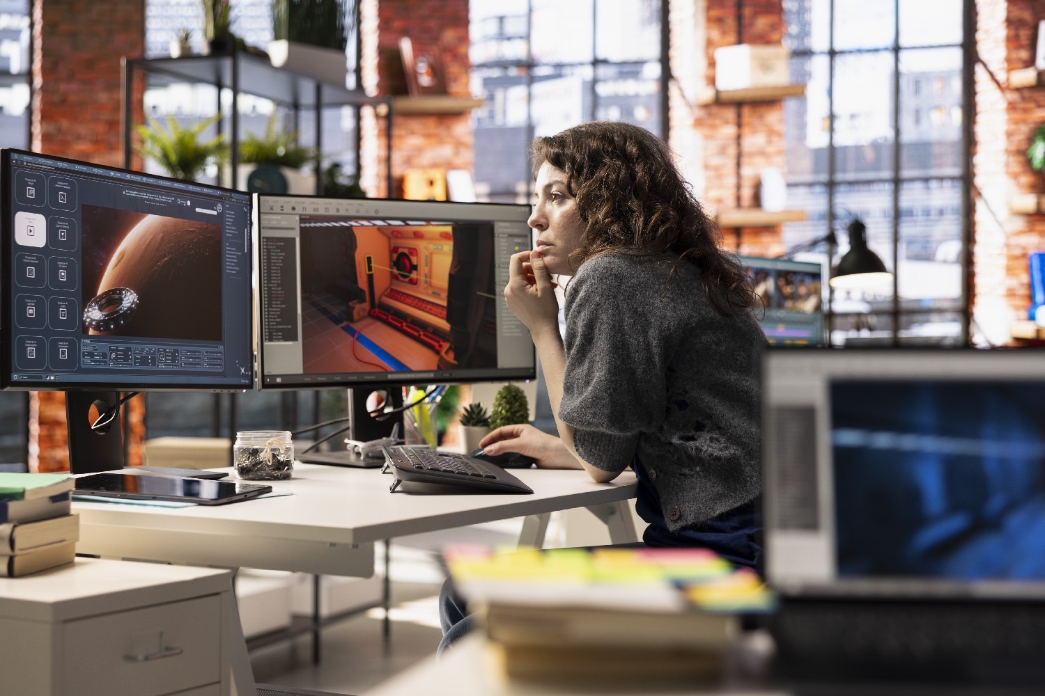 woman-using-ai-chatbot-interface-generate-video-game-spaceship-environments